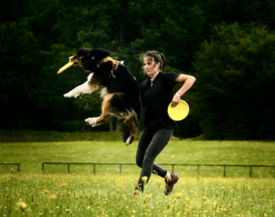 Une jeune fille lance un frisbee jaune à son chien