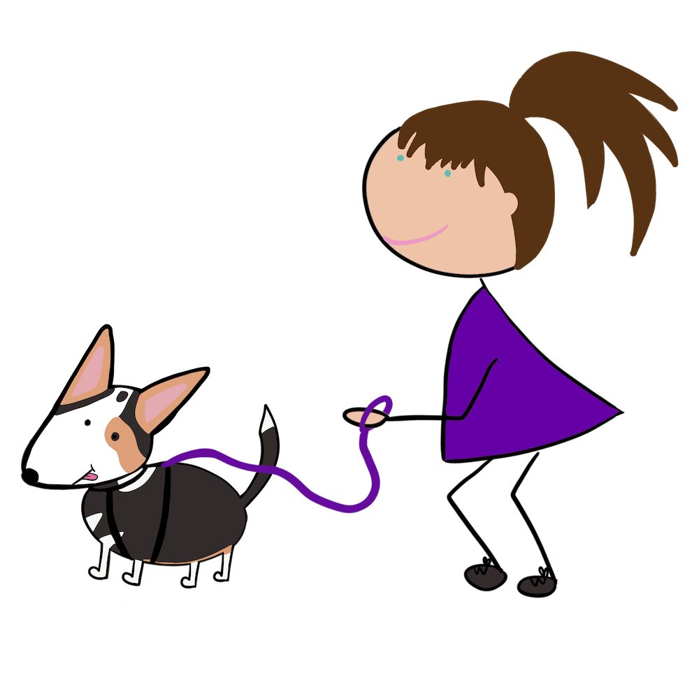 Juliette promène son chien avec un harnais adapté